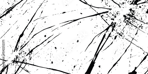 Abstract black ink stains and scratches grunge texture isolated white background. Intricate designs of lines and dots in various sizes, creating a dynamic and textured. 