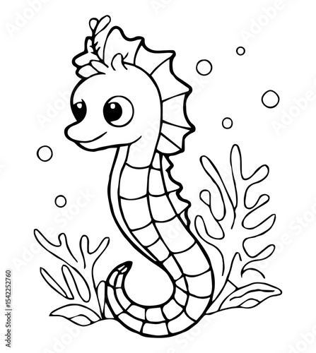 Seahorse cartoon with coral bubbles and scalloped fin