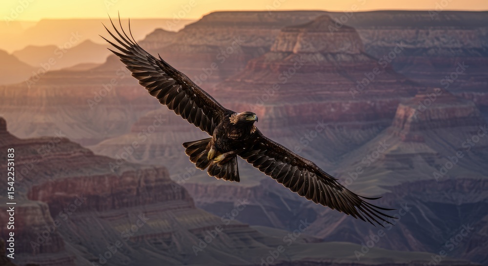 Naklejka premium Golden eagle soaring over the Grand Canyon at sunrise