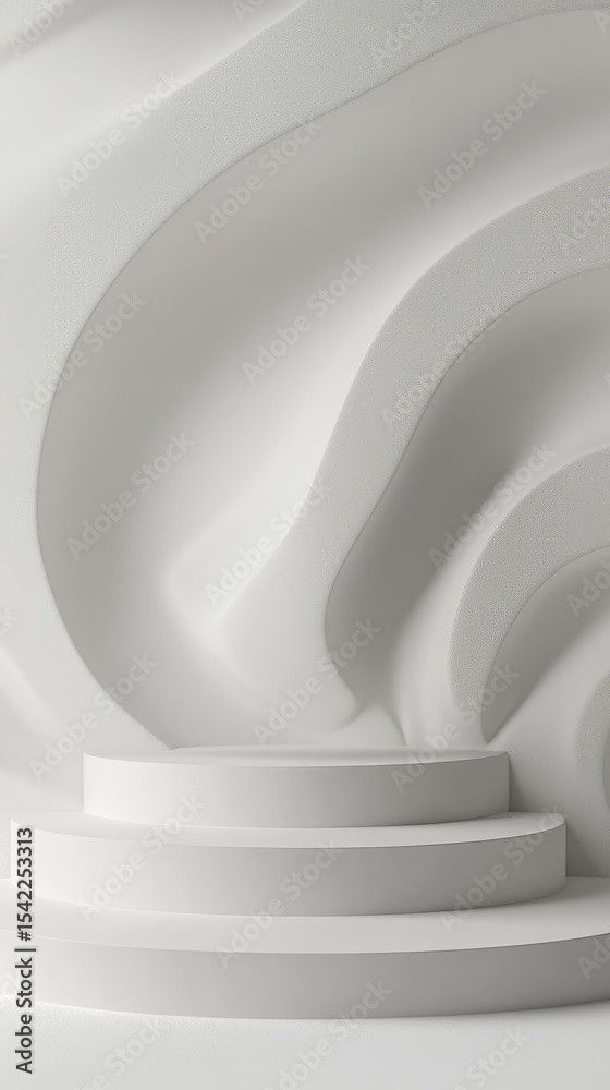Obraz premium Minimalist white abstract interior with curved textured walls and round pedestal steps