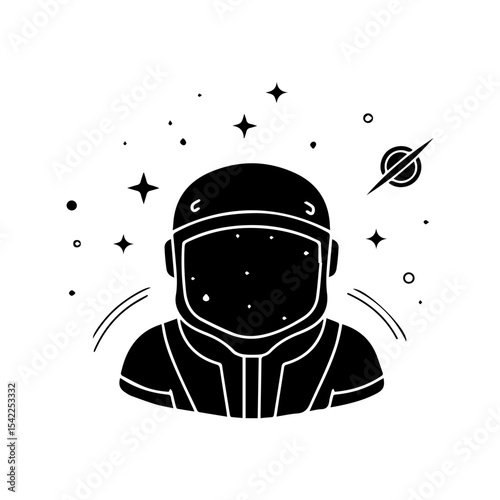 Silhouette of an astronaut with stars and planet shapes around them
