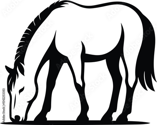 Horse grazing silhouette peaceful black art, Grazing horse simple pasture design