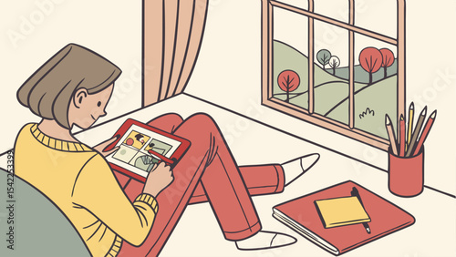 A woman is drawing on a tablet while sitting on the floor near a window with a view of trees and hills