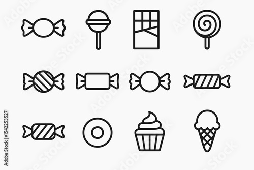 Outline icons of sweets and desserts: candy, lollipops, cupcake, ice cream