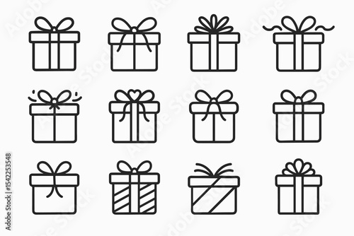 Set of twelve minimalist gift box icons with various ribbon styles