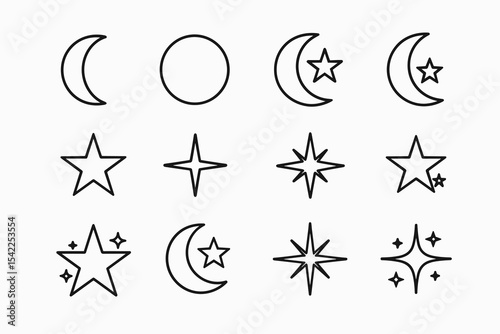 Simple moon star icons collection: crescent, circle, and star variations