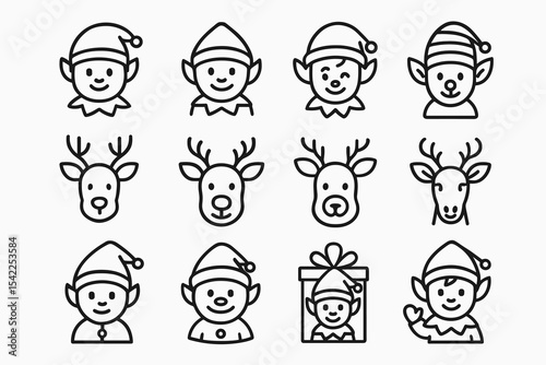 Cartoon elf and reindeer faces - festive christmas icons in line art