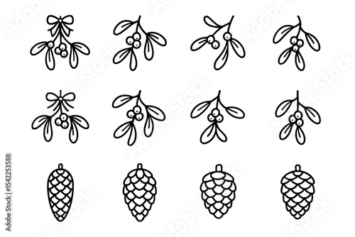 Collection of hand-drawn mistletoe and pine cone illustrations
