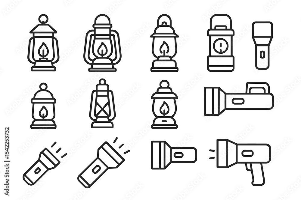 Fototapeta premium Set of lantern and flashlight icons in black and white line art style