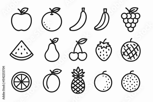 Collection of 16 simple line art fruit icons