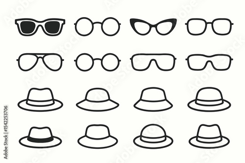 Stylish collection of sunglasses and hats in various shapes and designs