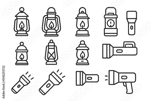 Set of lantern and flashlight icons in black and white line art style
