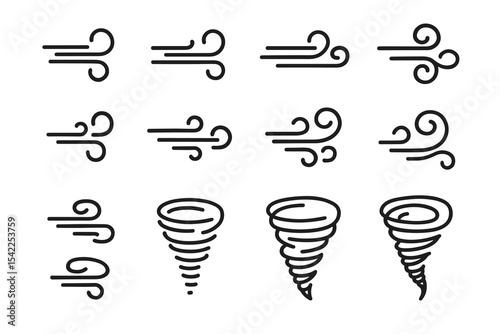 Wind and tornado icon set featuring swirl and twister designs