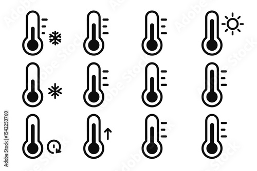 Set of thermometer icons indicating temperature changes with snowflake and sun symbols