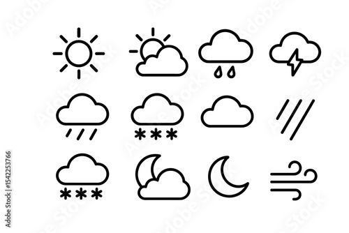 Variety of weather icons including sun, clouds, rain, snow, lightning, wind, and moon