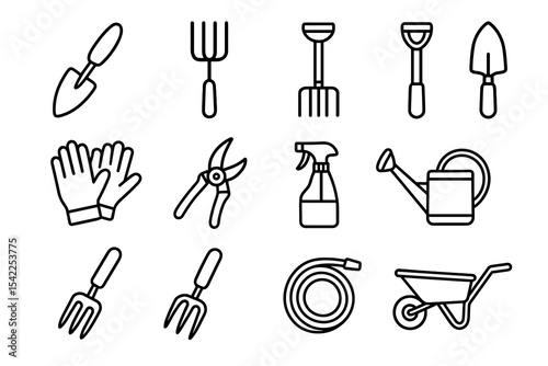 Garden tools line icons including trowel gloves pruning shears hose and wheelbarrow