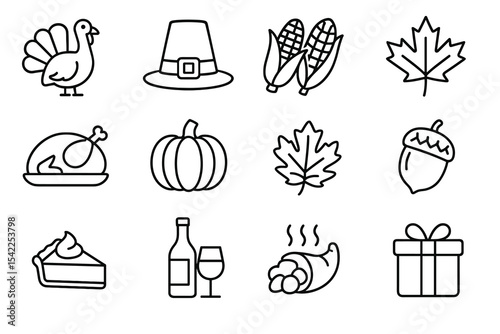 Thanksgiving symbols: turkey, pilgrim hat, corn, maple leaf, pie, wine, cornucopia, acorn, gift