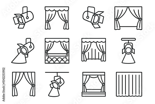 Set of theater stage and lighting icons in black and white design