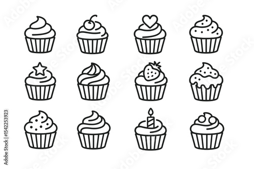 Simple black and white cupcake line art with various toppings