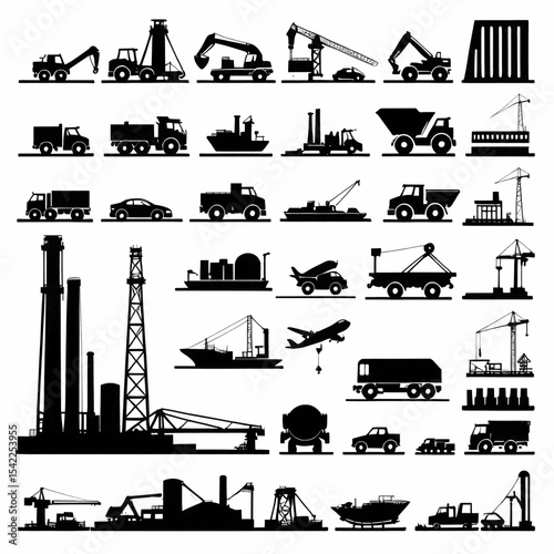 Silhouetted industrial vehicles buildings and equipment are arranged in rows