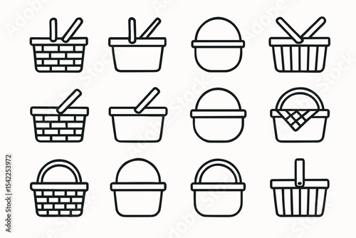 Collection of twelve black and white picnic basket icons
