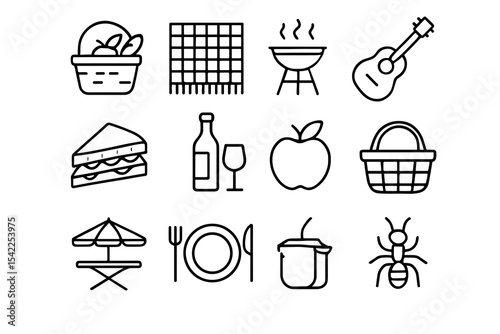Picnic icon set: food, instruments, outdoor essentials in black outline style