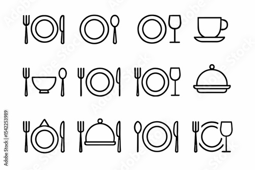 Minimalist tableware layouts: plates, utensils, cups, and bowls in various arrangements