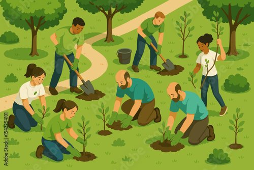 Diverse group of adults engaged in community tree planting in park setting