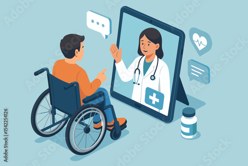 Virtual healthcare consultation: male patient in wheelchair chats with female doctor on tablet