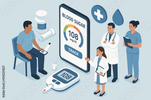 Diabetes management: diverse medical team and patient engaging with digital app