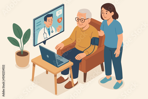 Elderly caucasian male in telemedicine consultation with female caregiver assistance