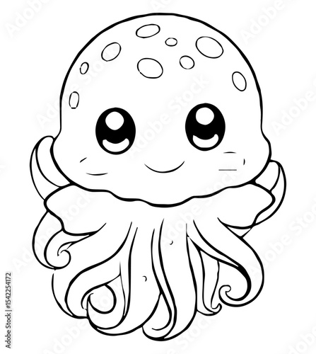 Smiling cartoon octopus with spots on its head and waving tentacles