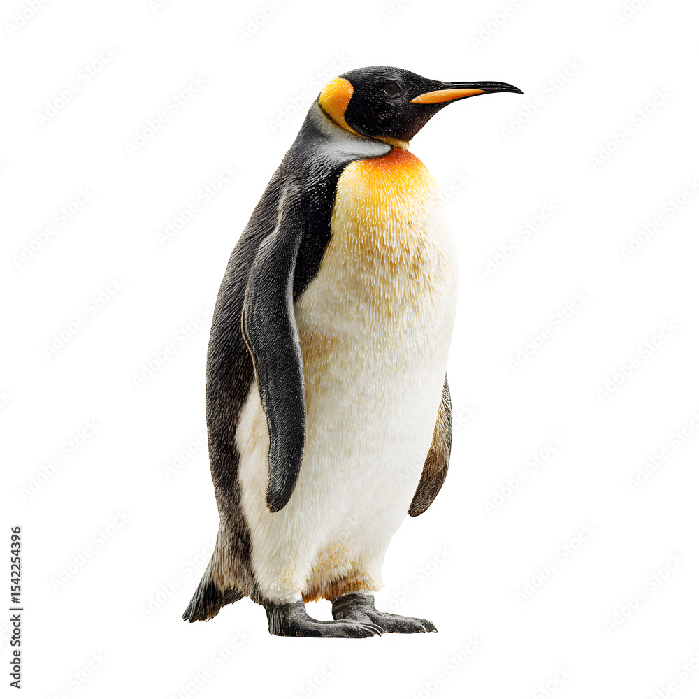 Fototapeta premium A standing emperor penguin with clean black and white feathering, orange gradient on neck, wings tucked by side. 