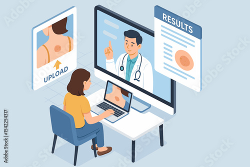 Female receiving online dermatology consultation for skin check via virtual platform