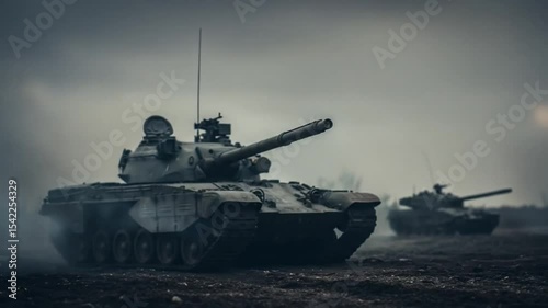 Tank combat scene with explosion and smoke