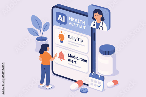 Woman engaging with ai health assistant app for daily tips and medication alerts