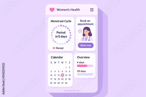 Women's health app interface with menstrual cycle tracker and appointment booking