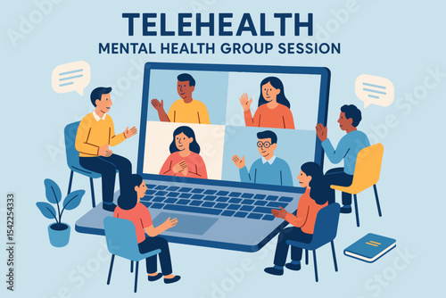 Telehealth mental health group session with diverse young adults on video call
