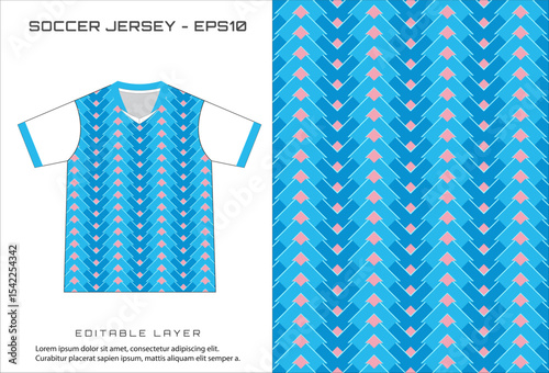 Soccer jersey design with blue chevron  pink diamond pattern set against a white background