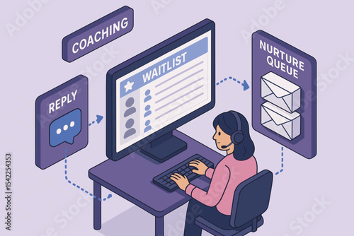 Female professional handling coaching waitlist and nurture queue on computer