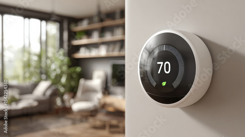 Smart thermostat displaying 70 degrees offers zero emission solution for energy efficient home climate control in modern living room