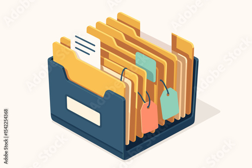 Organized office folder box with colorful files and blank labels