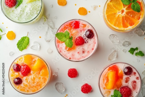 Refreshing fruit smoothie with mango and raspberry garnished with mint  