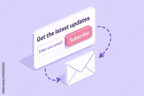 Email subscription concept with subscribe button and envelope icon on purple background