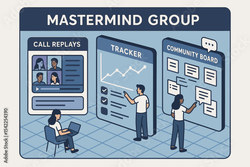 Diverse team collaborating in virtual mastermind group with call replays and community board