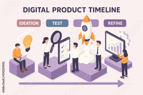 Digital product timeline with diverse team in ideation, testing, and refinement stages