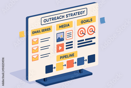 Digital outreach strategy board with email, media, goals, and pipeline flowchart
