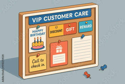 Vip customer care bulletin board with birthday, discount, gift, and reward notices