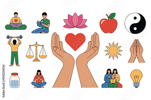 Collection of simple flat vector illustrations representing health wellness and balance