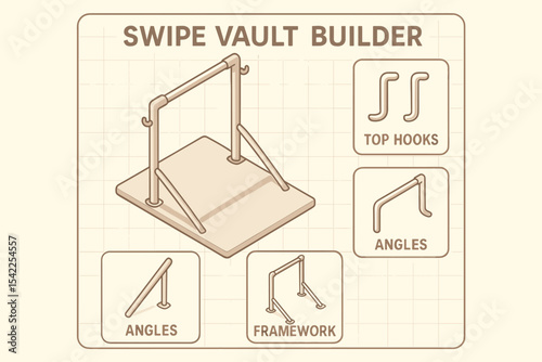 Simple gymnastics vault builder diagram with hooks and angles